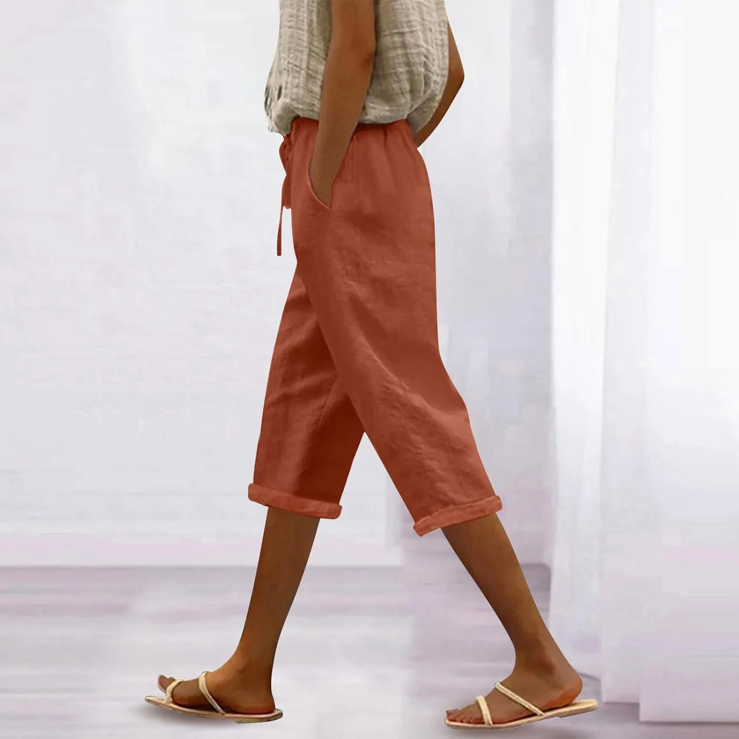 Womens Capris for Summer Cotton Linen Elastic Seven Pants Beach Casual Pants Linen Drawstring Loose Fit Summer Pants