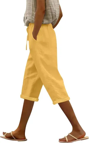 Womens Capris for Summer Cotton Linen Elastic Seven Pants Beach Casual Pants Linen Drawstring Loose Fit Summer Pants