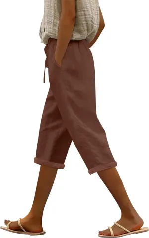 Womens Capris for Summer Cotton Linen Elastic Seven Pants Beach Casual Pants Linen Drawstring Loose Fit Summer Pants