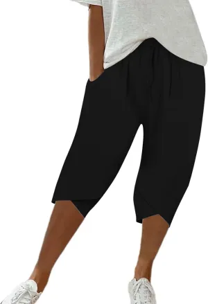 Womens Capris for Summer Pants Ladies Loose Drawstring Casual Solid Color Shorts High Waisted Drawstring Lounge Pants