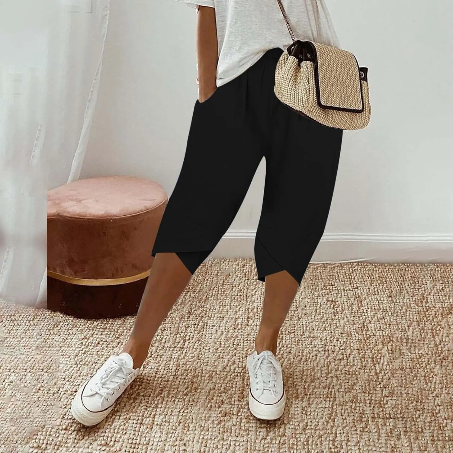 Womens Capris for Summer Pants Ladies Loose Drawstring Casual Solid Color Shorts High Waisted Drawstring Lounge Pants