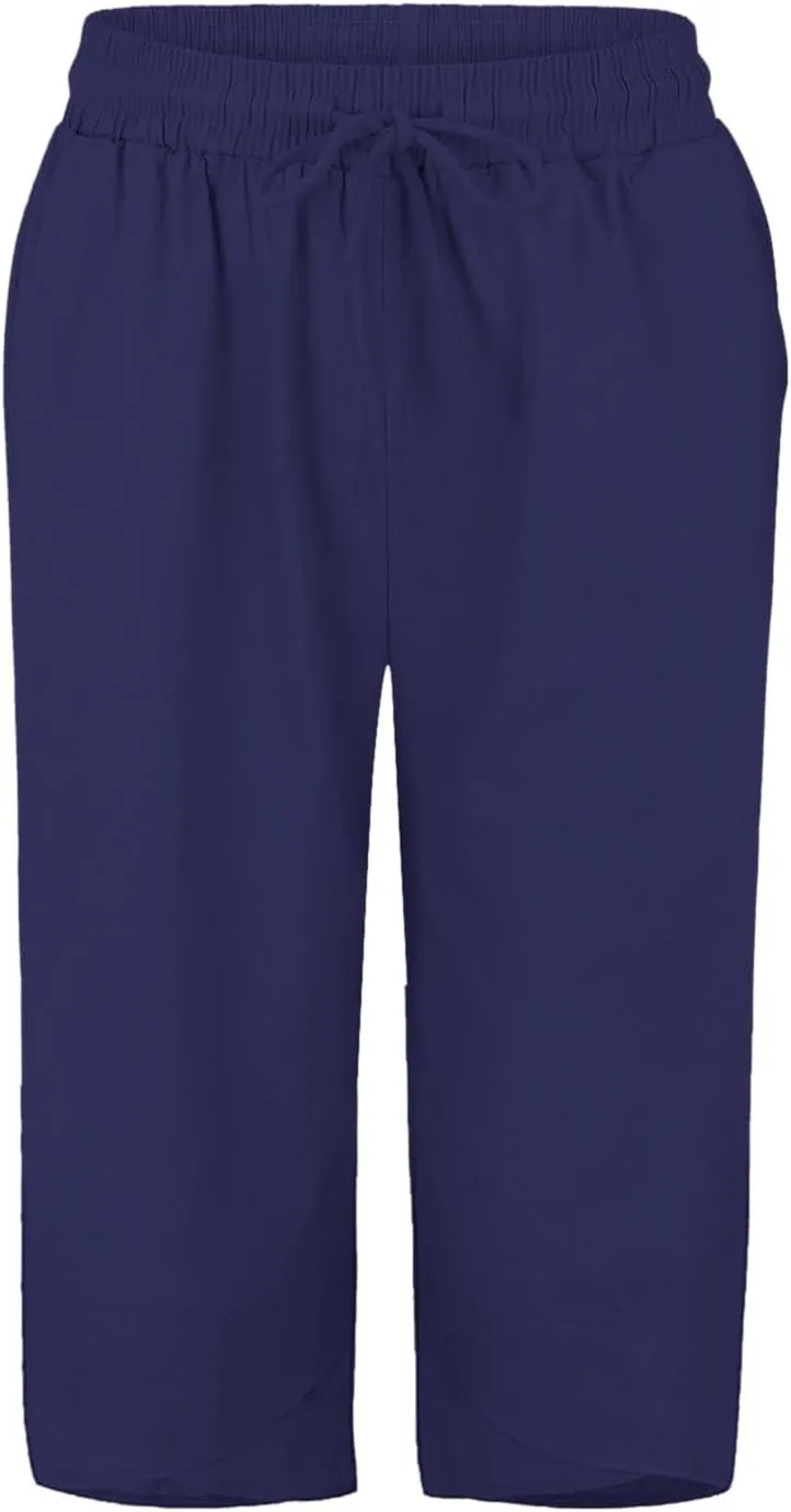 Womens Capris for Summer Pants Ladies Loose Drawstring Casual Solid Color Shorts High Waisted Drawstring Lounge Pants