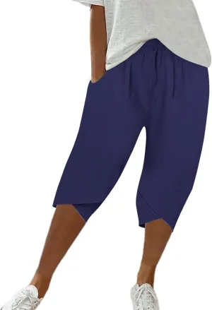 Womens Capris for Summer Pants Ladies Loose Drawstring Casual Solid Color Shorts High Waisted Drawstring Lounge Pants