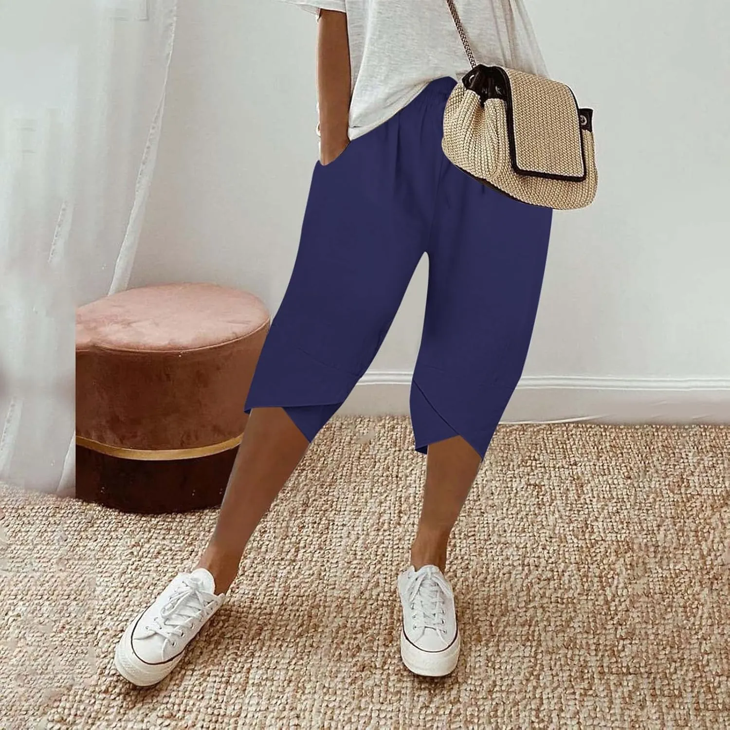 Womens Capris for Summer Pants Ladies Loose Drawstring Casual Solid Color Shorts High Waisted Drawstring Lounge Pants