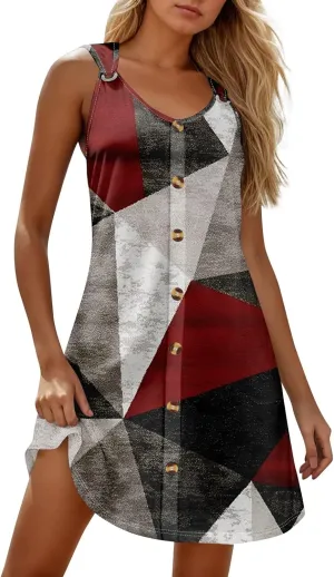 Women's Casual Bohemian Dresses Floral Print Evening Wear Sleeveless Beach Sundress Adjustable Button Clubwear Dress
