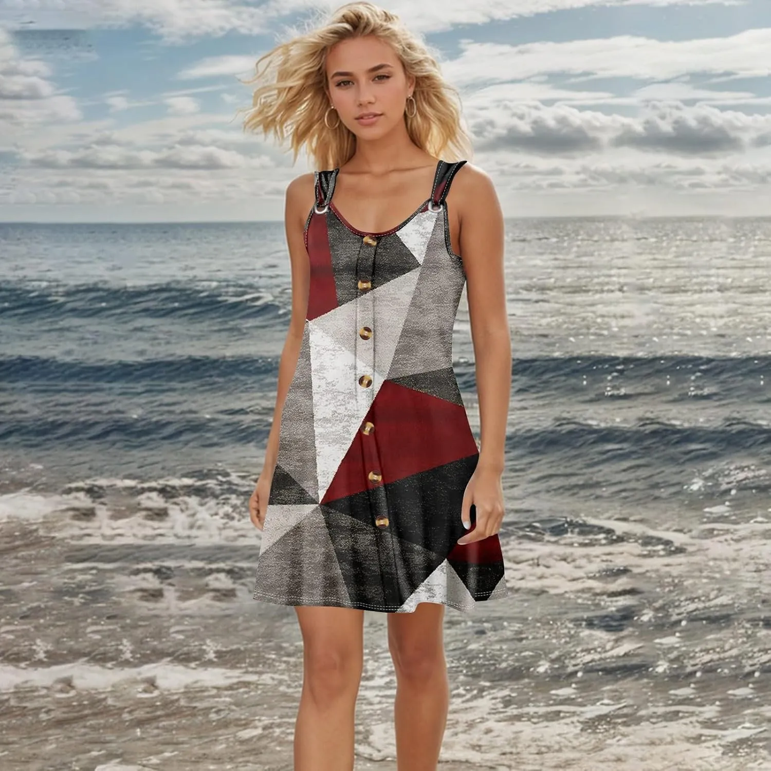 Women's Casual Bohemian Dresses Floral Print Evening Wear Sleeveless Beach Sundress Adjustable Button Clubwear Dress
