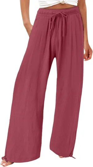 Womens Casual Linen High Waist Pants Drawstring Waist Loose Fit Summer Pants Beach Trousers Outfits