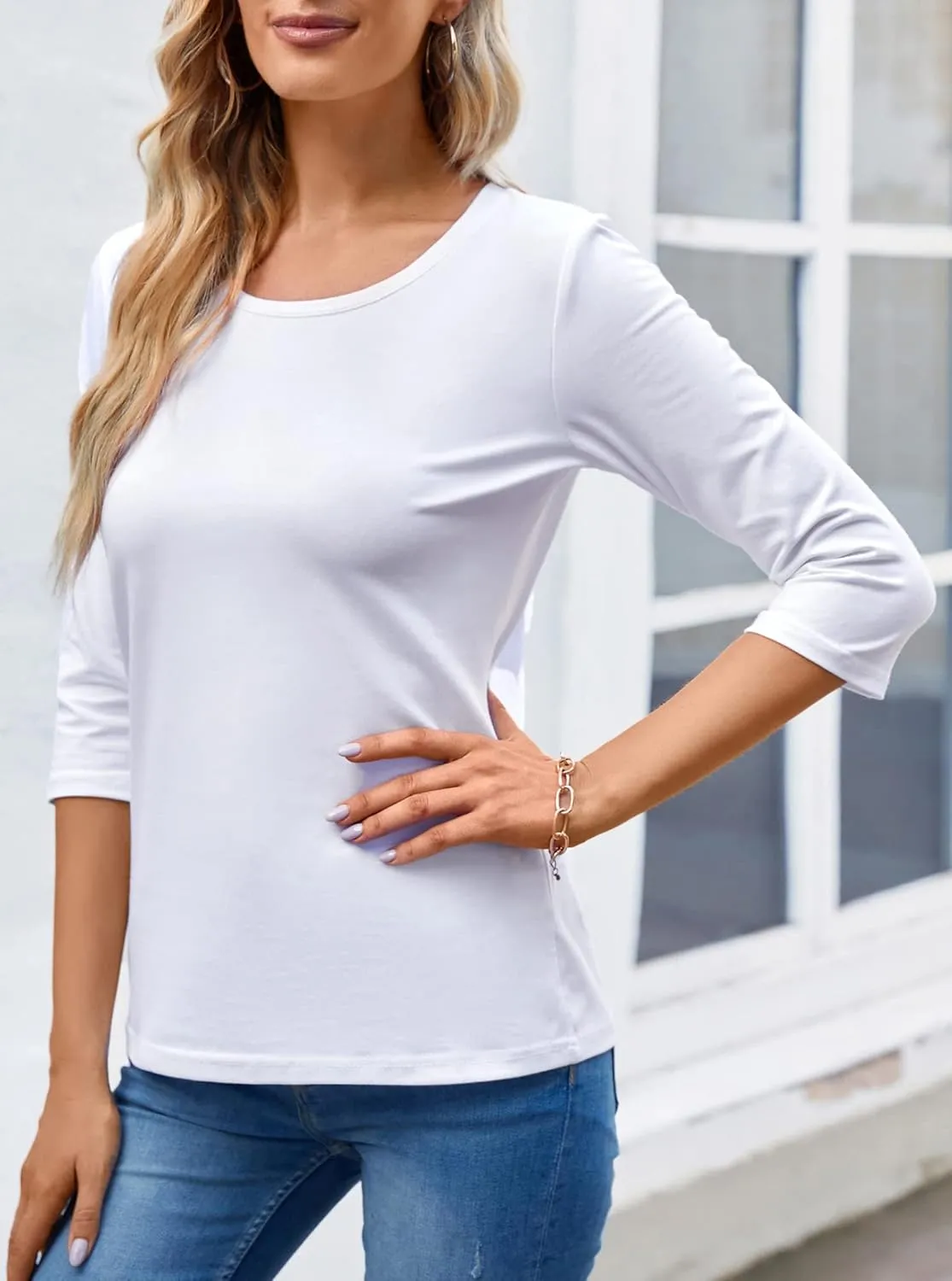 Women's Casual Round Neck 3/4 Sleeve Basic T Shirt Solid Plain Cotton Tops