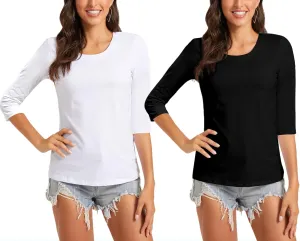 Women's Casual Round Neck 3/4 Sleeve Basic T Shirt Solid Plain Cotton Tops