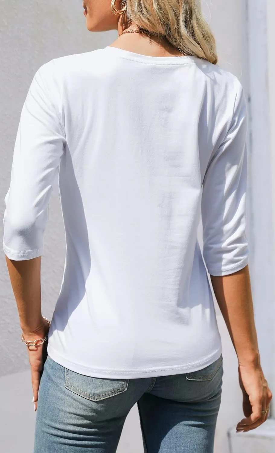 Women's Casual Round Neck 3/4 Sleeve Basic T Shirt Solid Plain Cotton Tops