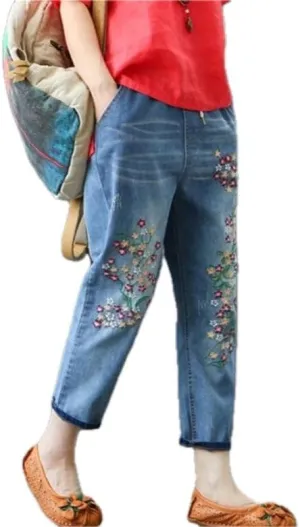 Womens Denim Cropped Harem Pants High Waist with Pockets Ladies Loose Fit Straight Leg Embroidered Jeans Trousers for
