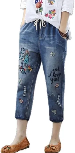 Womens Denim Cropped Harem Pants High Waist with Pockets Ladies Loose Fit Straight Leg Embroidered Jeans Trousers for