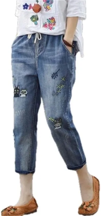 Womens Denim Cropped Harem Pants High Waist with Pockets Ladies Loose Fit Straight Leg Embroidered Jeans Trousers for
