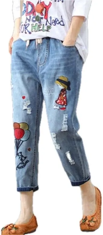 Womens Denim Cropped Harem Pants High Waist with Pockets Ladies Loose Fit Straight Leg Embroidered Jeans Trousers for