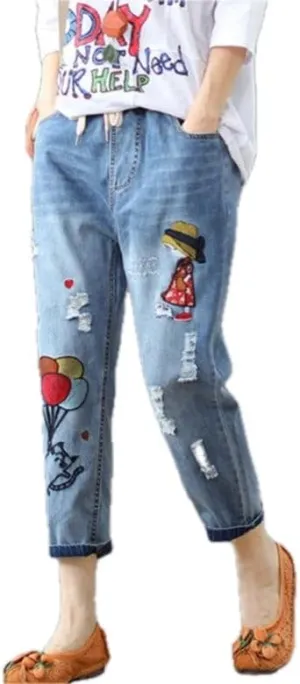 Womens Denim Cropped Harem Pants High Waist with Pockets Ladies Loose Fit Straight Leg Embroidered Jeans Trousers for