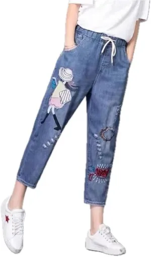 Womens Denim Cropped Harem Pants High Waist with Pockets Ladies Loose Fit Straight Leg Embroidered Jeans Trousers for