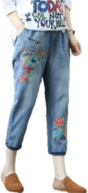 Womens Denim Cropped Harem Pants High Waist with Pockets Ladies Loose Fit Straight Leg Embroidered Jeans Trousers for