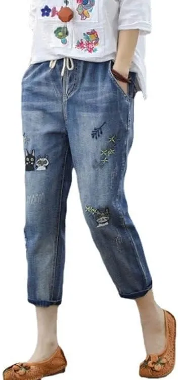 Womens Denim Cropped Harem Pants High Waist with Pockets Ladies Loose Fit Straight Leg Embroidered Jeans Trousers for