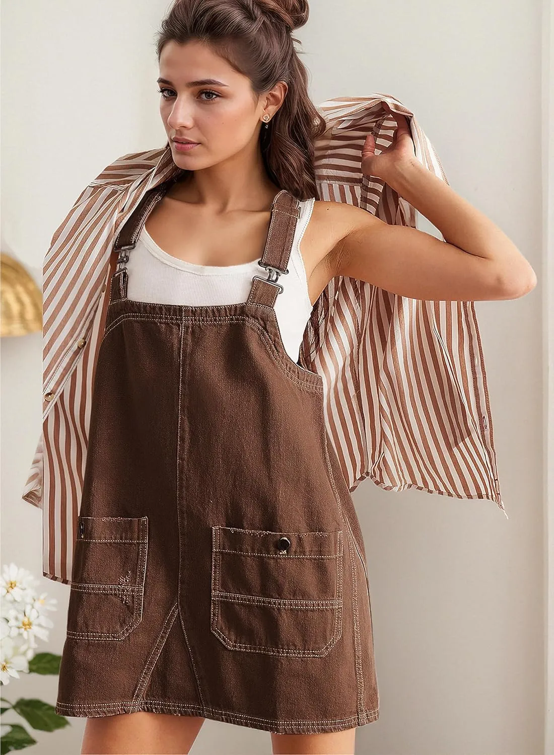 Womens Denim Overalls Dress Casual Summer Jeans Adjustable Strap Short Rompers with Pockets