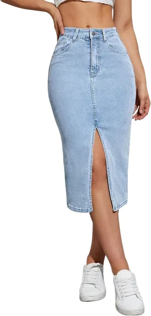 Womens Denim Pencil Skirts Mid Long High Waist A line Midi Jean Skirt Split Hem Skirts for Ladies.