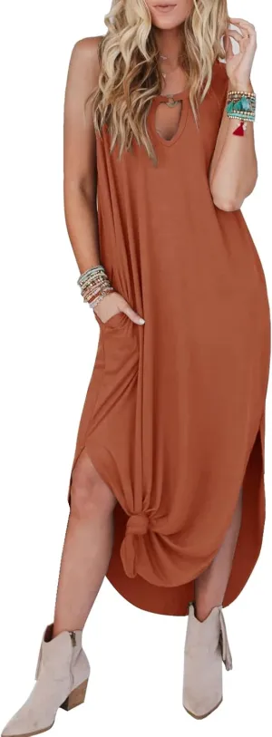 Womens Dresses Sleeveless Casual Loose Long Maxi Summer Beach Cover Ups Sun Boho Dress Split with Pockets