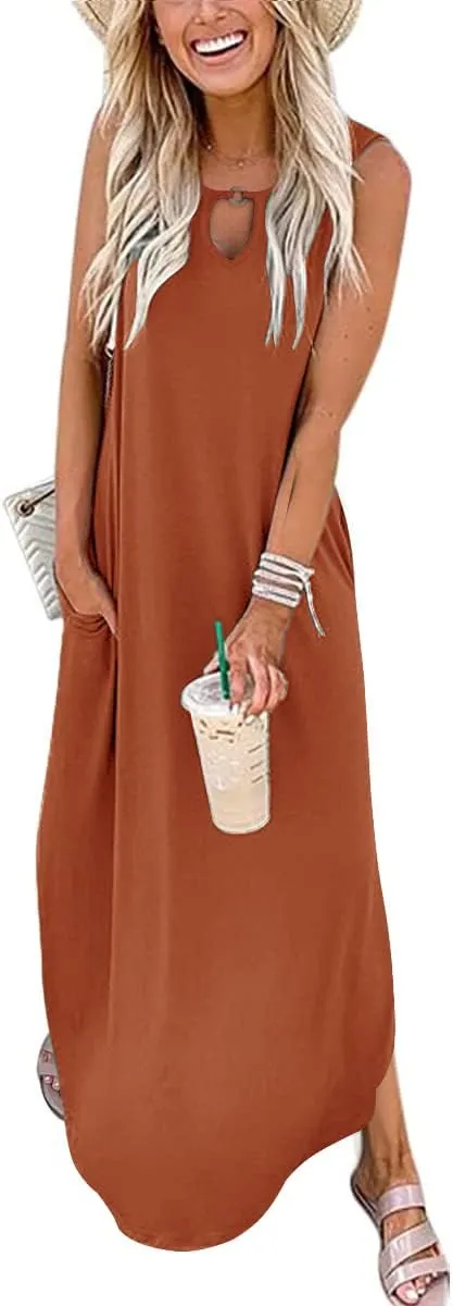 Womens Dresses Sleeveless Casual Loose Long Maxi Summer Beach Cover Ups Sun Boho Dress Split with Pockets