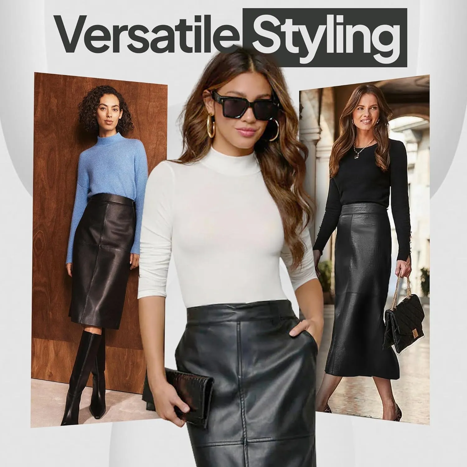 Womens Faux Leather Midi Skirt  High Waisted Stretch PU  A-Line or Pencil  Office & Casual  S to XL