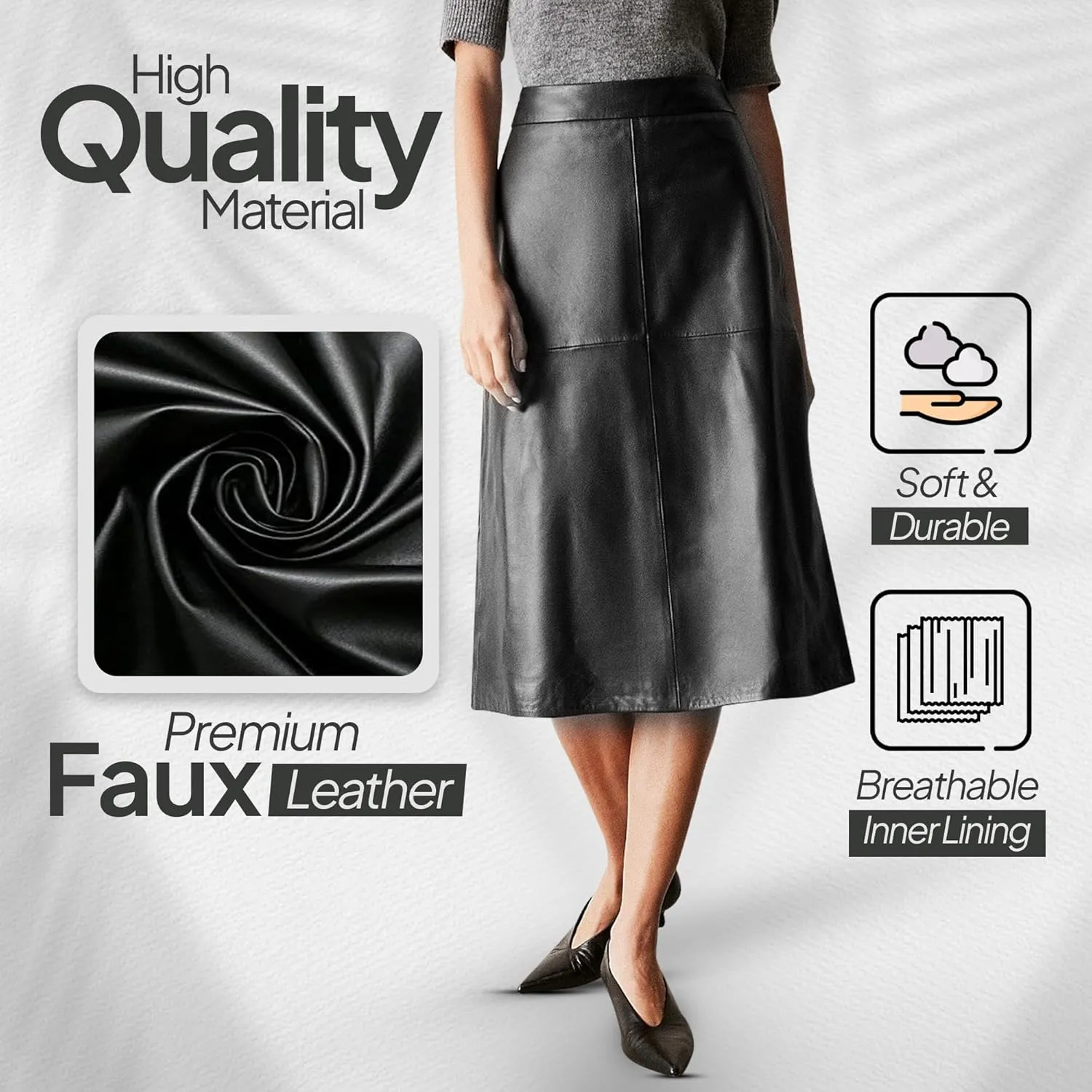 Womens Faux Leather Midi Skirt  High Waisted Stretch PU  A-Line or Pencil  Office & Casual  S to XL