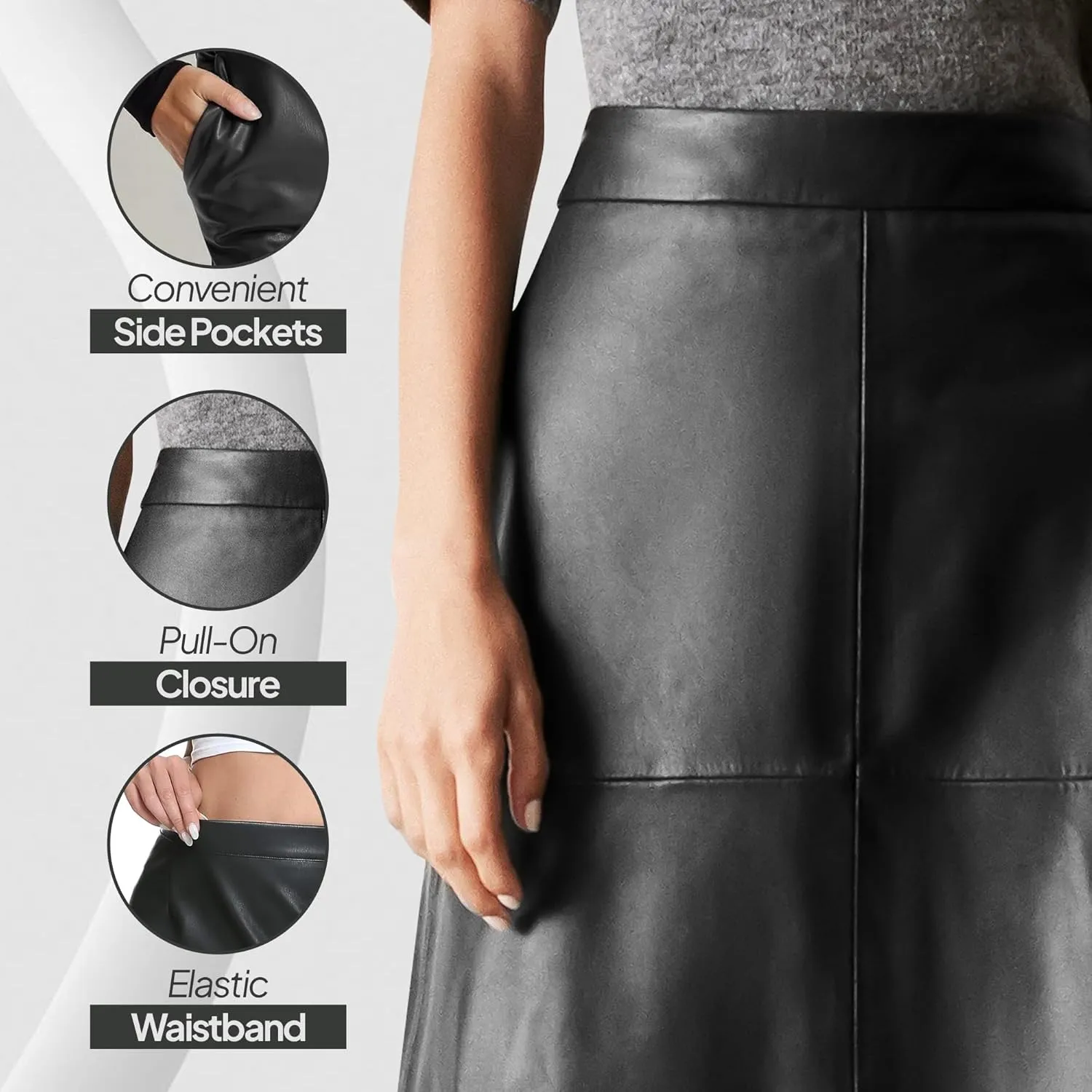 Womens Faux Leather Midi Skirt  High Waisted Stretch PU  A-Line or Pencil  Office & Casual  S to XL