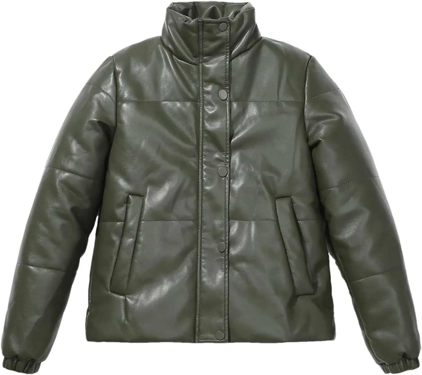 Women's High Collar Faux Leather Parka Coat Vintage Zipper Button Cotton-Padded Jacket