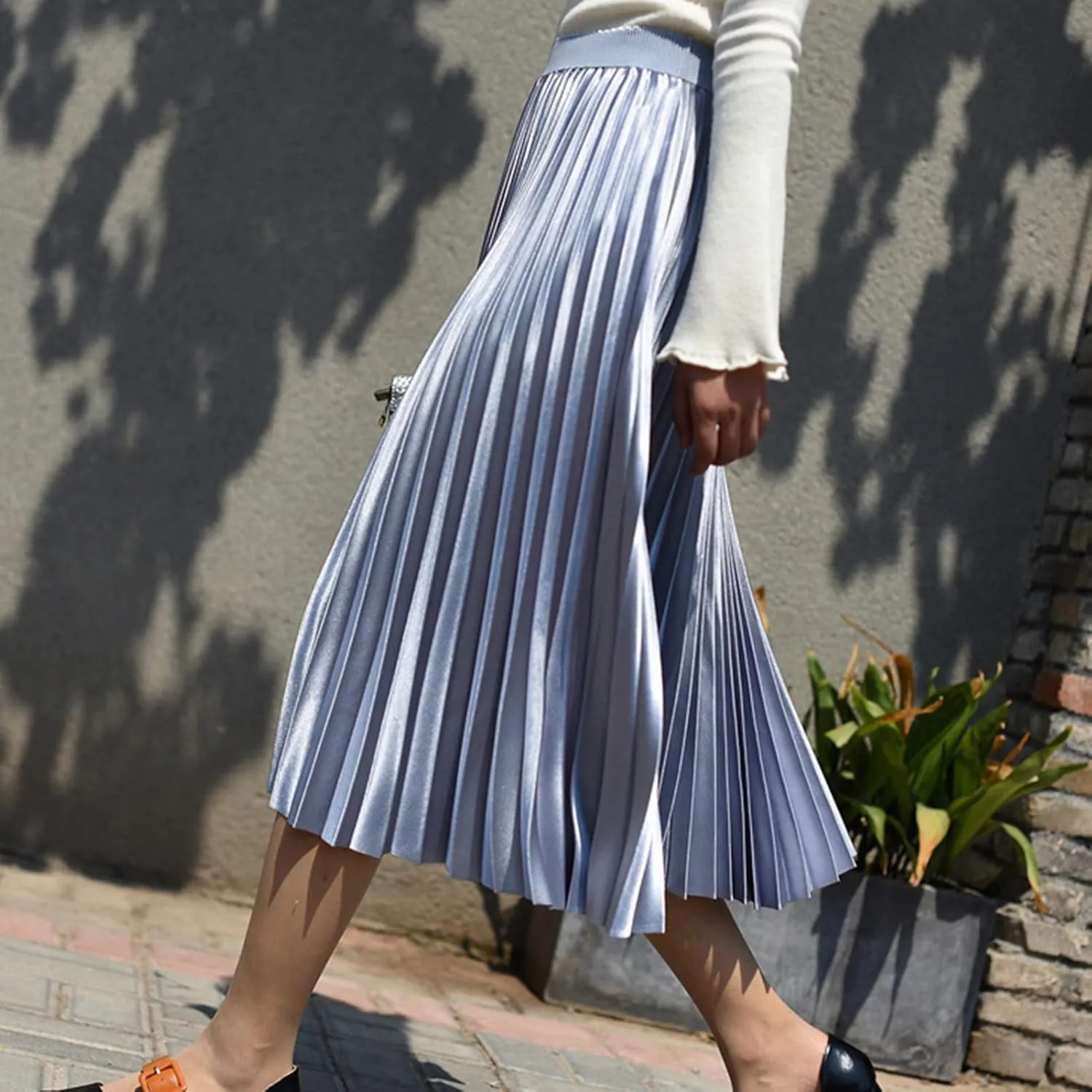 Women's High Elastic Waist Metallic Shiny Accordion A-line Pleated Long Midi Skirt