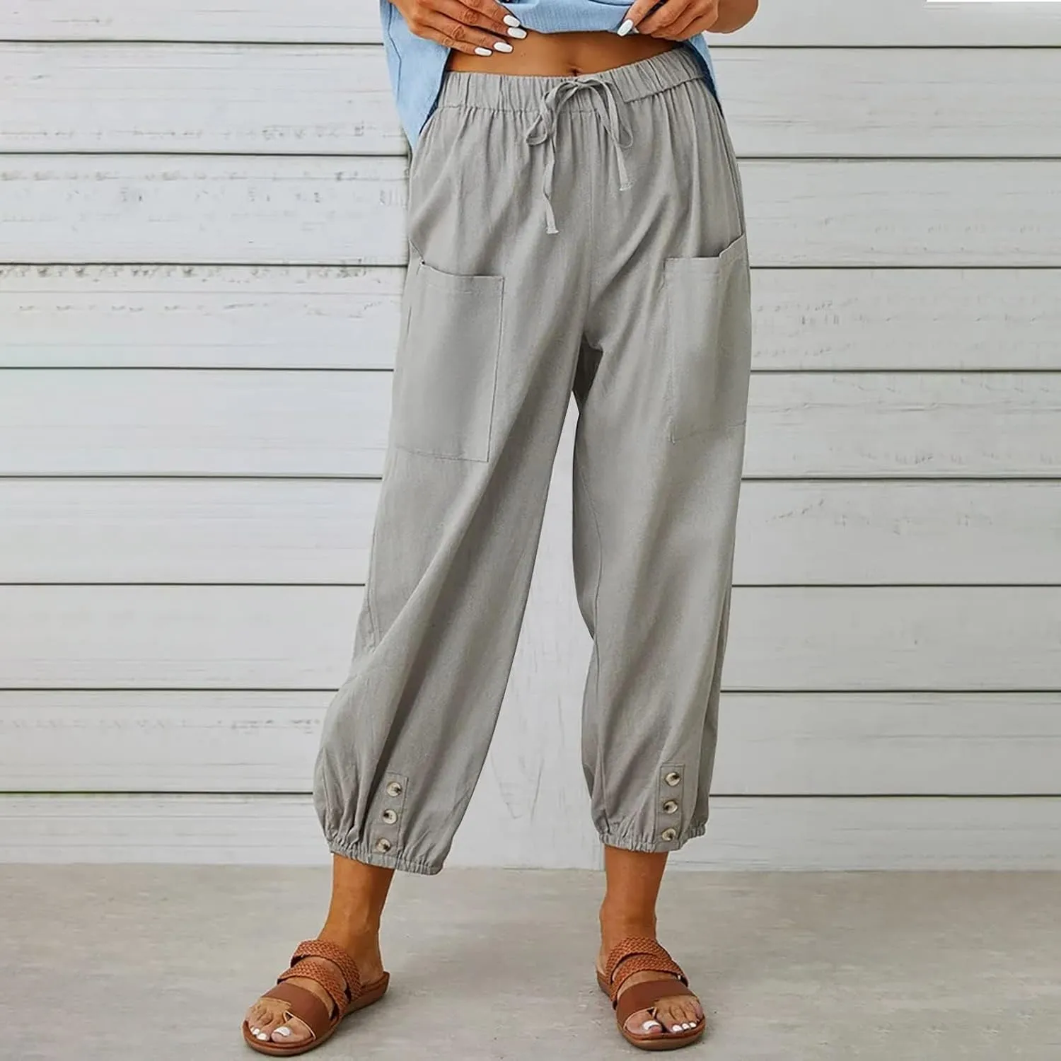 Women's High Waist Drawstring Cotton Linen Pants with 2 Pockets Straight Wide Leg Capri Cropped Trouser for Women