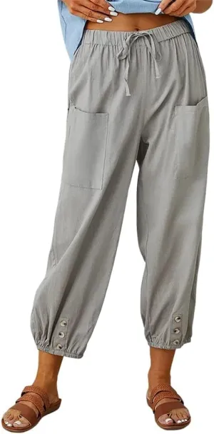 Women's High Waist Drawstring Cotton Linen Pants with 2 Pockets Straight Wide Leg Capri Cropped Trouser for Women