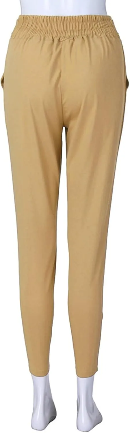 Womens High Waist Pencil Pants Slim Fit Bow-Knot Elastic Waist Pants Casual Office Paper Bag Trousers with Pockets