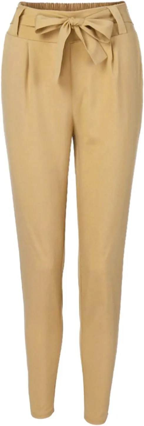 Womens High Waist Pencil Pants Slim Fit Bow-Knot Elastic Waist Pants Casual Office Paper Bag Trousers with Pockets