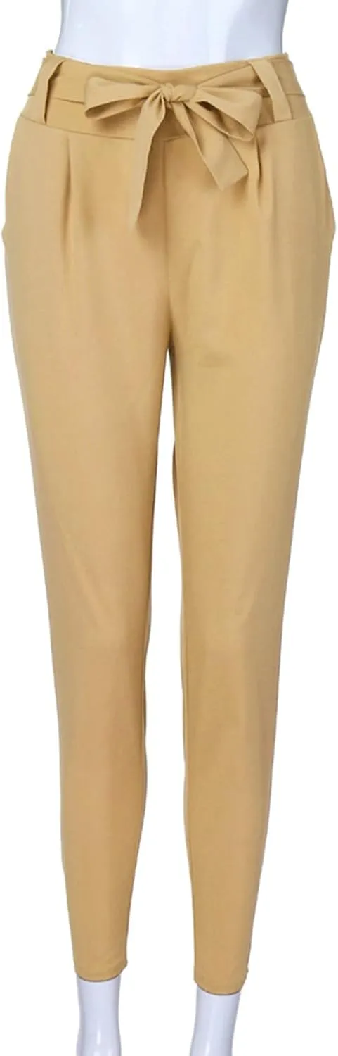 Womens High Waist Pencil Pants Slim Fit Bow-Knot Elastic Waist Pants Casual Office Paper Bag Trousers with Pockets