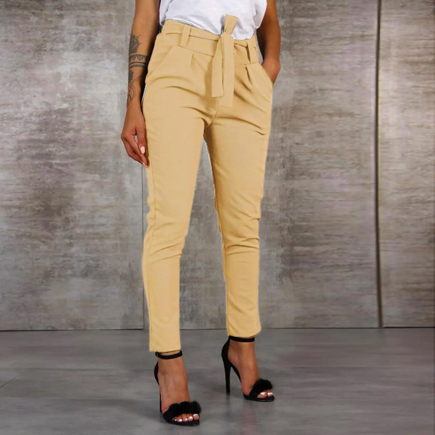 Womens High Waist Pencil Pants Slim Fit Bow-Knot Elastic Waist Pants Casual Office Paper Bag Trousers with Pockets