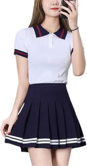 Women's High Waist Pleated Skirts Striped Elastic Waist Female Mini Dance Tennis Skirt
