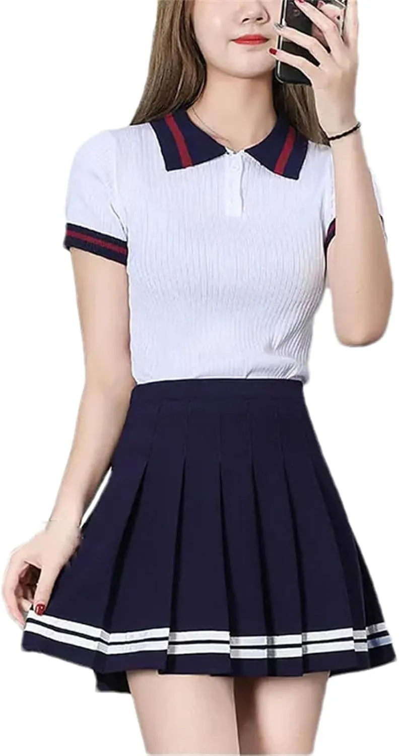 Women's High Waist Pleated Skirts Striped Elastic Waist Female Mini Dance Tennis Skirt