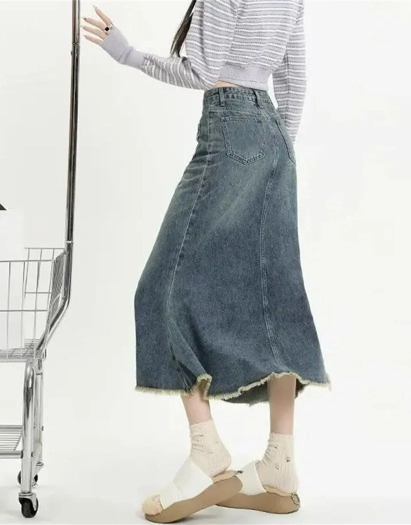 Women's High Waisted Denim Skirt Frayed Raw Hem Washed Mid Length A-Line Fishtail Skirts