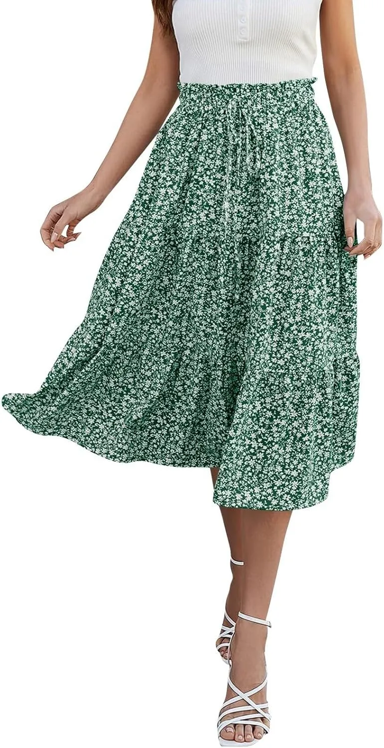 Women's High Waisted Skirt 2025 Solid Floral Print A-Line Skirt with Elastic Tie Waist Flowy Casual Beach Midi Skirt