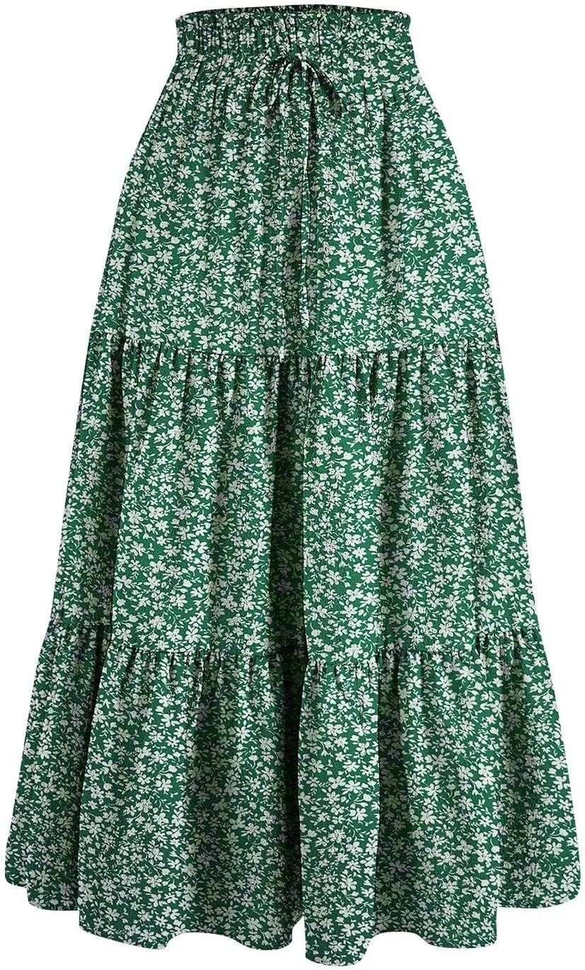 Women's High Waisted Skirt 2025 Solid Floral Print A-Line Skirt with Elastic Tie Waist Flowy Casual Beach Midi Skirt