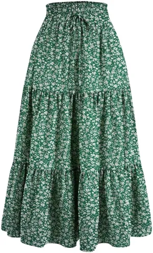 Women's High Waisted Skirt 2025 Solid Floral Print A-Line Skirt with Elastic Tie Waist Flowy Casual Beach Midi Skirt
