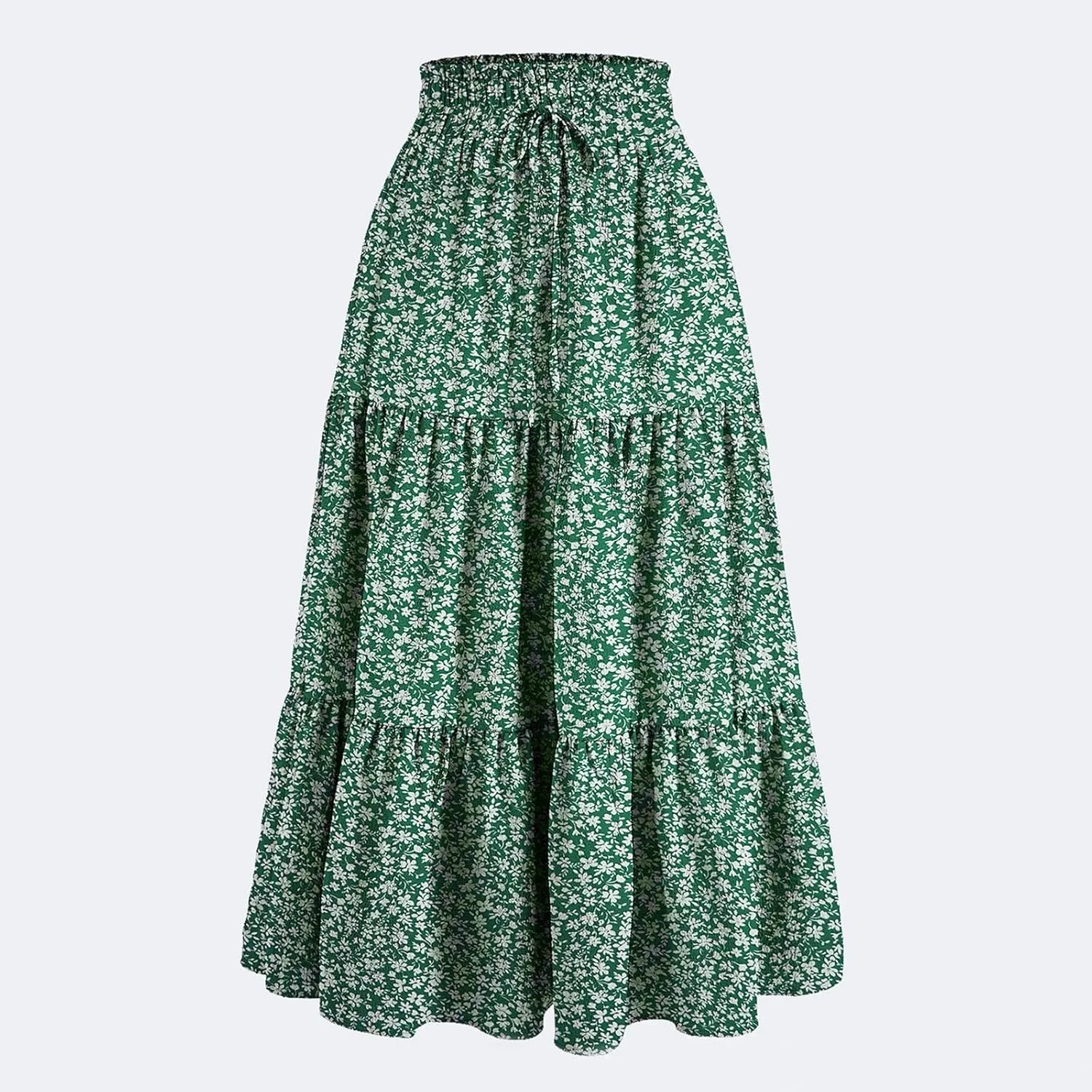 Women's High Waisted Skirt 2025 Solid Floral Print A-Line Skirt with Elastic Tie Waist Flowy Casual Beach Midi Skirt