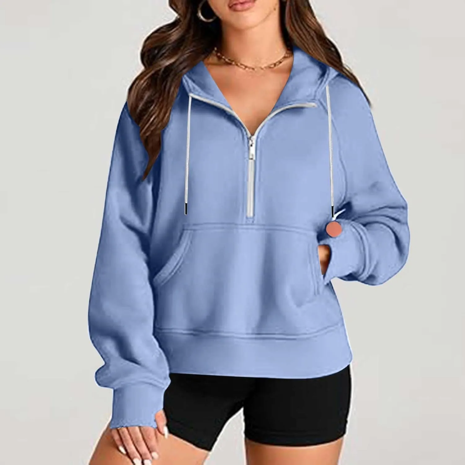 Womens Hoodies Fashion 2024 Half Zip Up Sweatshirts Drawstring Pullover Top Fashion Winter Clothes with Thumbs Hole
