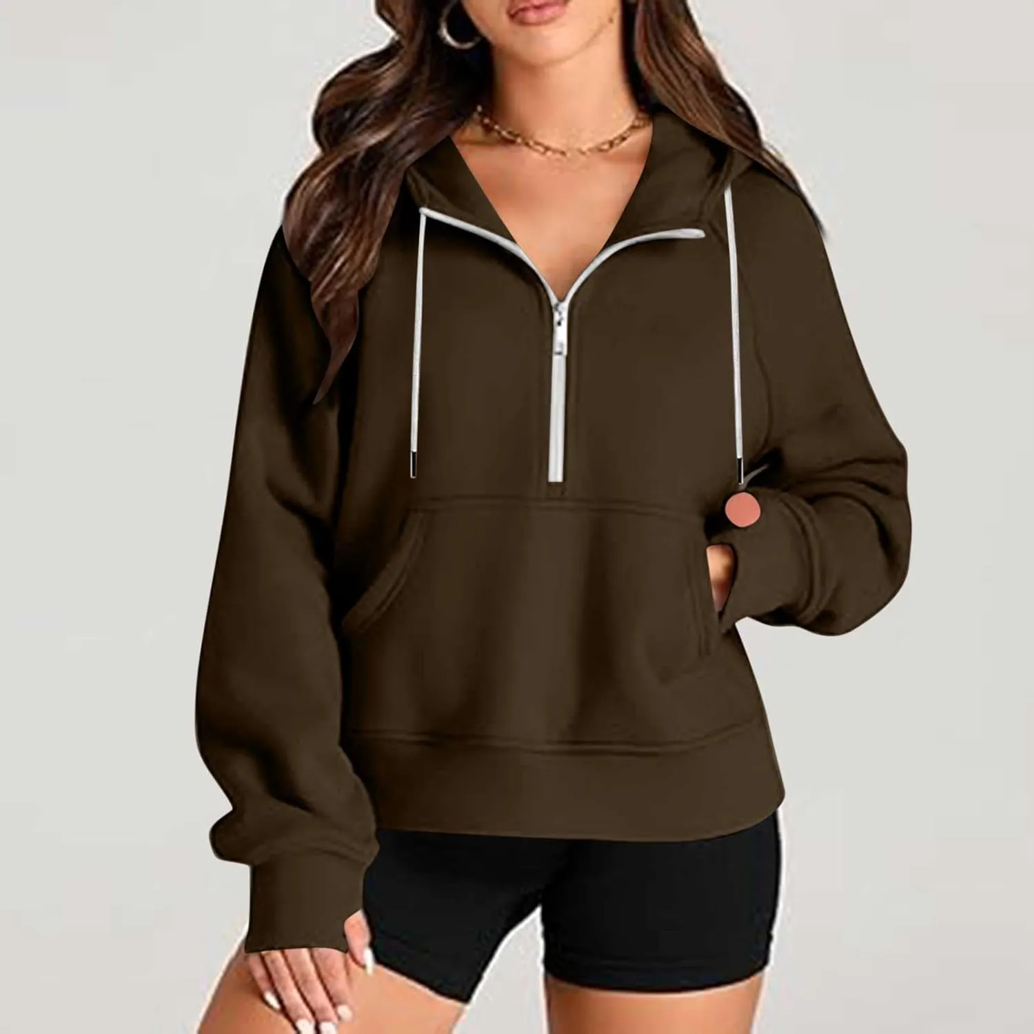 Womens Hoodies Fashion 2024 Half Zip Up Sweatshirts Drawstring Pullover Top Fashion Winter Clothes with Thumbs Hole