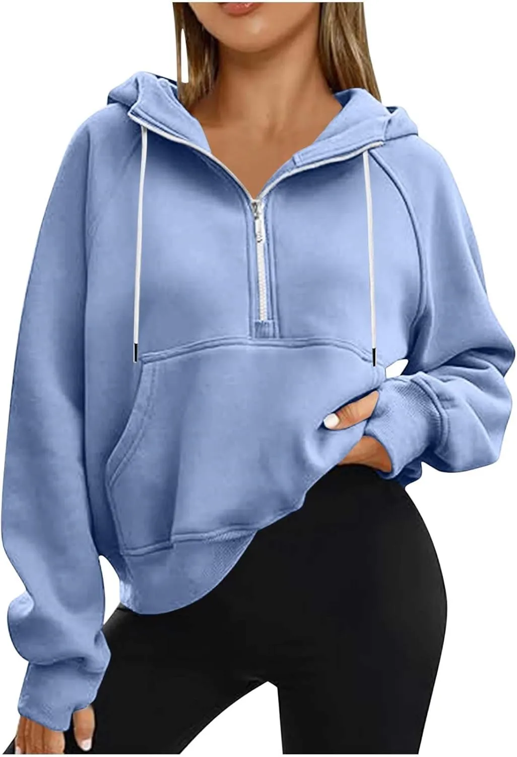 Womens Hoodies Fashion 2024 Half Zip Up Sweatshirts Drawstring Pullover Top Fashion Winter Clothes with Thumbs Hole