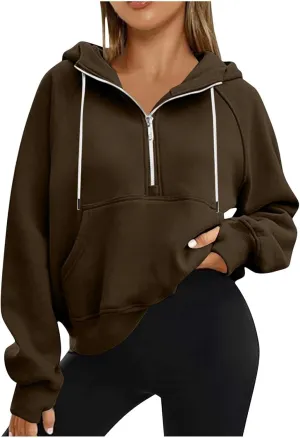 Womens Hoodies Fashion 2024 Half Zip Up Sweatshirts Drawstring Pullover Top Fashion Winter Clothes with Thumbs Hole