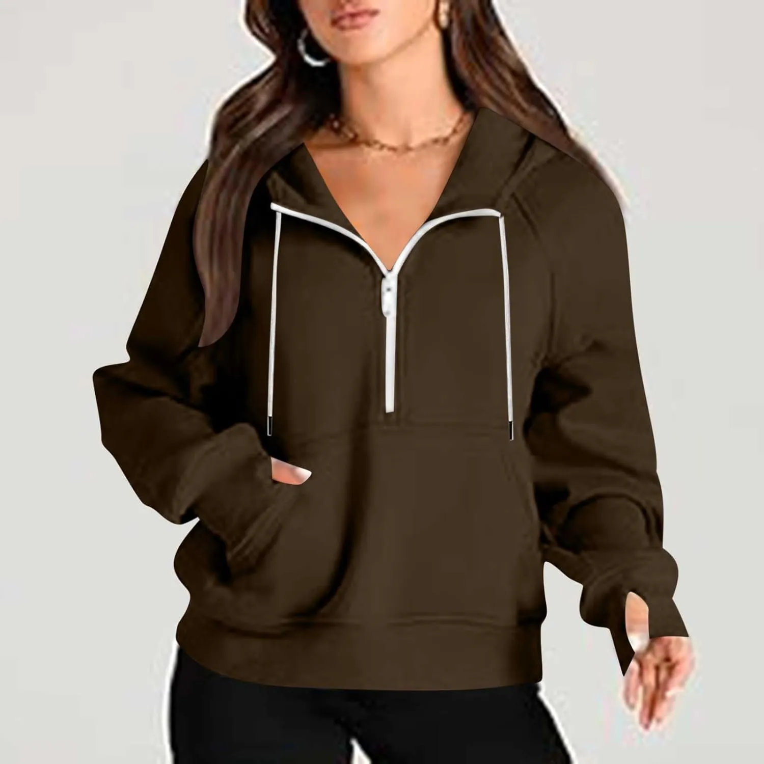 Womens Hoodies Fashion 2024 Half Zip Up Sweatshirts Drawstring Pullover Top Fashion Winter Clothes with Thumbs Hole