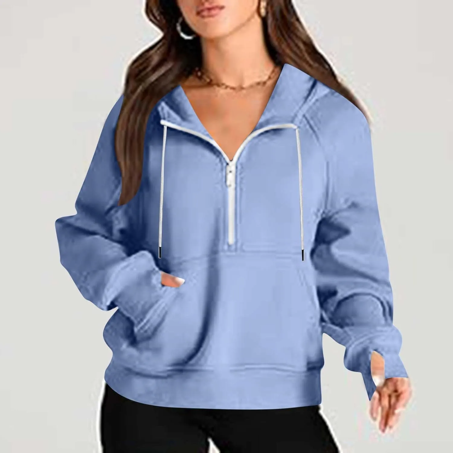 Womens Hoodies Fashion 2024 Half Zip Up Sweatshirts Drawstring Pullover Top Fashion Winter Clothes with Thumbs Hole